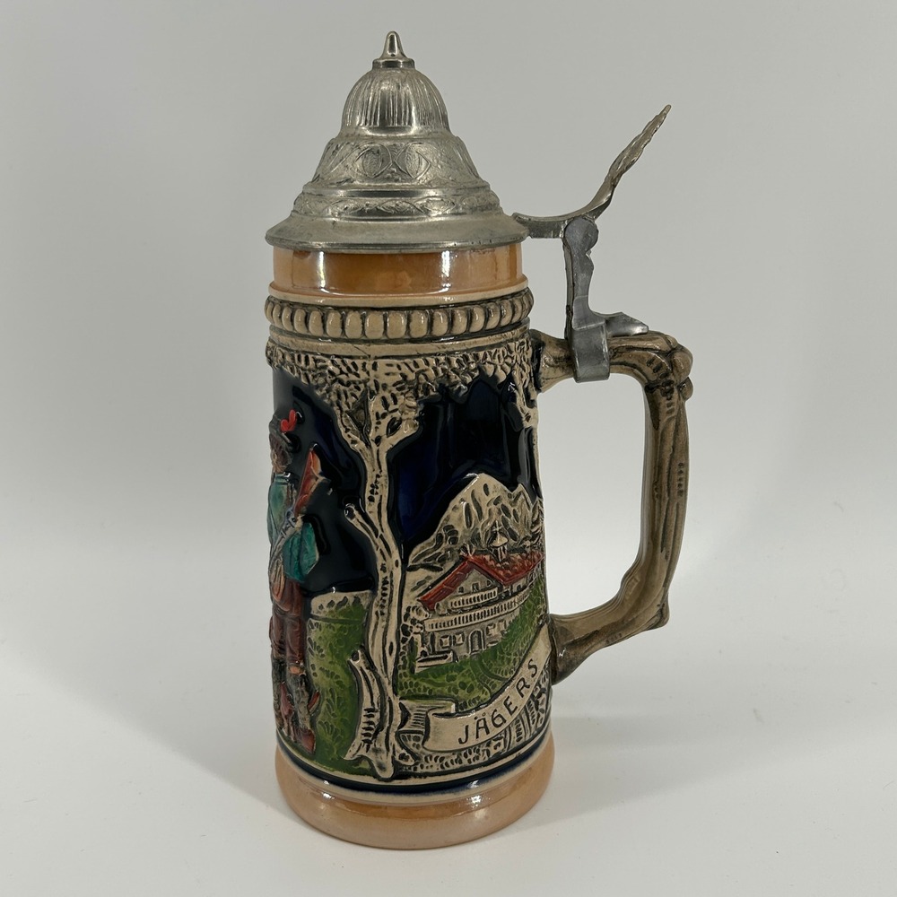 Vintage Gerz Western Germany Beer Stein Jagers Abschied Pewter Lid 0.25L Relief